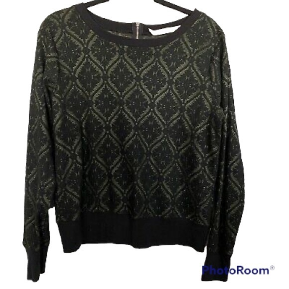 Gibson Women’s Printed Green Long Sleeve Pullover Sweater Back Zip Large